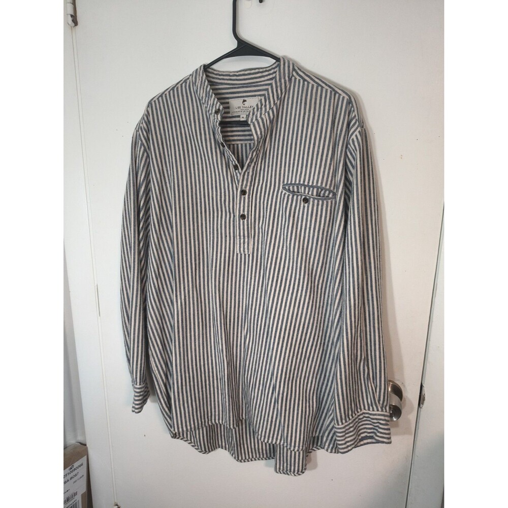 Lee Valley Shirt Mens XL Blue White Stripe Grandad Collar Cotton Ireland